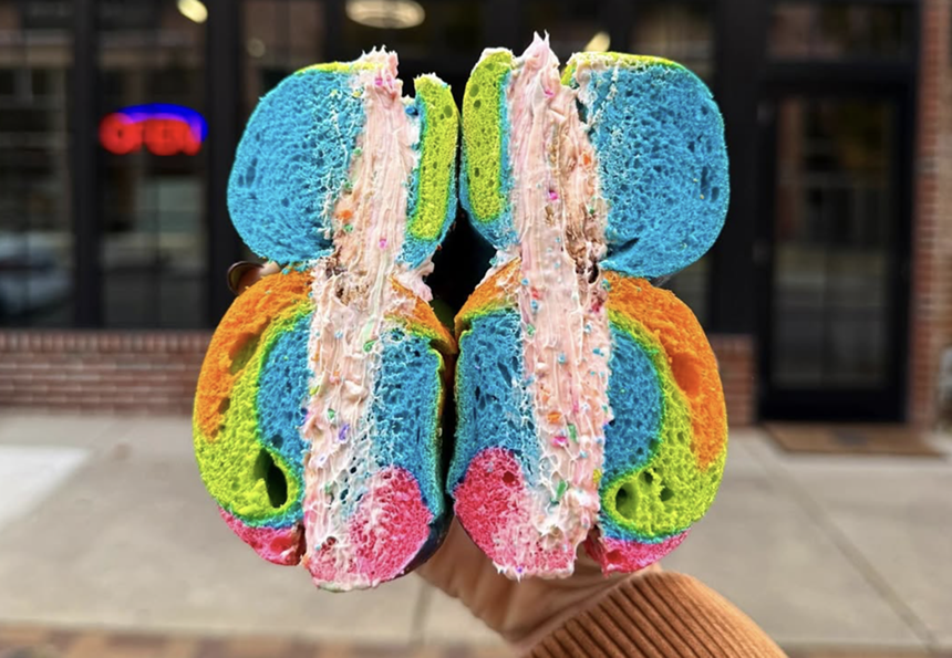 a colorful bagel with cream cheese