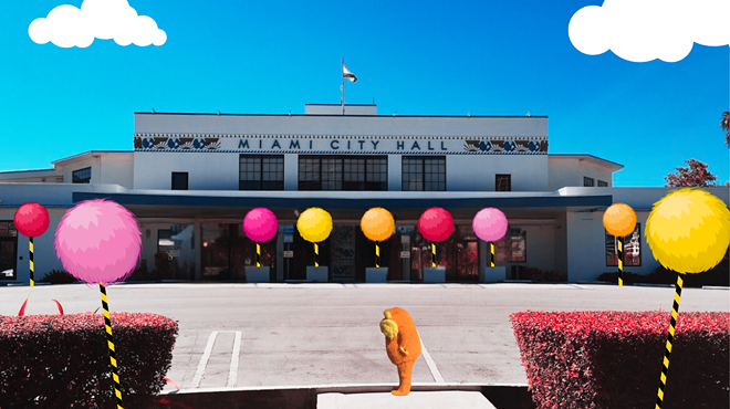 A photo illustration of the Lorax, a character representing the voice of nature in a Dr. Seuss book, in front of Miami City Hall.