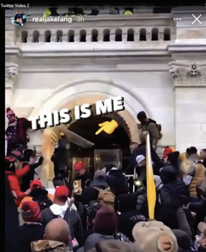 A picture Jake Lang posted to his social media from the January 6 riot at the U.S. Capitol labeled, "This is me."